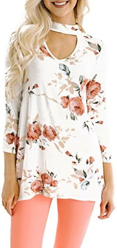 Xinglan Women's Casual V-neck Floral Print Long Sleeve Chocker T-shirt Blouse Tops(whi/s)