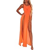 HOTSO Bikini Cover Up Beachwear Sleeveless Swimwear Bathing Suit Coverup Side Slits Crochet Beach Dress Long Kimonos Robe