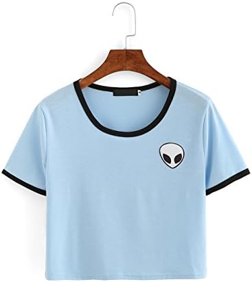Blogger Striped ET Teen Girls Alien Crop Top Slim Tees Short Sleeve T-shirt (M(US10-12), Blue)