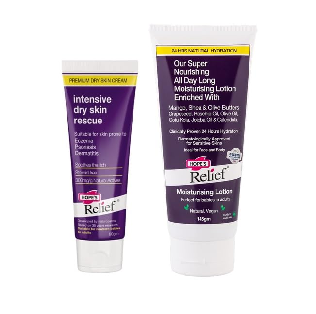 Hope's Relief Natural Intensive Dry Skin Cream (60g) + All Day Moisturising Lotion (145g) dual pack, Face,Hands,Body Moisturiser, Eczema, Psoriasis and Dermatitis Treatment Ideal for Dry Itchy Skin