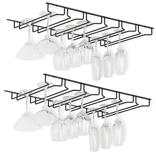 brigtmaison Wine Glass Holder Rack - Use Under Cabinet, Shelf - Hanging Storage Organizer for Stemware in Home Bar, Kitchen, Dining Room - Set of 2 Holds up to 48 Glasses - Black Metal