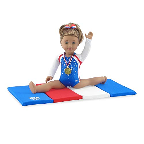 Emily Rose 18 Inch Doll Clothes | Team USA 4 Piece Doll Gymnastics Set, Including Jeweled Leotard, Tumbling Mat, Hair bow and Realistic Olympic Gold Medal! | Fits 18