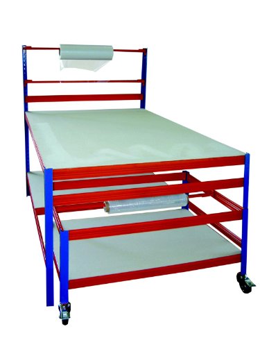 Profi-Verpackungsstation 2, HxBxT: 150x180x120 cm, 300 KG/Holzboden, inkl. Rollwagen 55x80x120 cm, blau/orange (Packtisch Rollenhalter Arbeitstisch Werktisch)