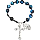Nazareth Store Tiger Eye Beads One Decade Rosary Handmade Pocket Car Mirror with Saint Joseph Medal and Jesus Cross in Antique Silver Volcanic Stone Travel Friendly Rosary