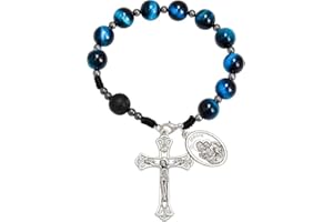 Nazareth Store Tiger Eye Beads One Decade Rosary Handmade Pocket Car Mirror with Saint Joseph Medal and Jesus Cross in Antiqu