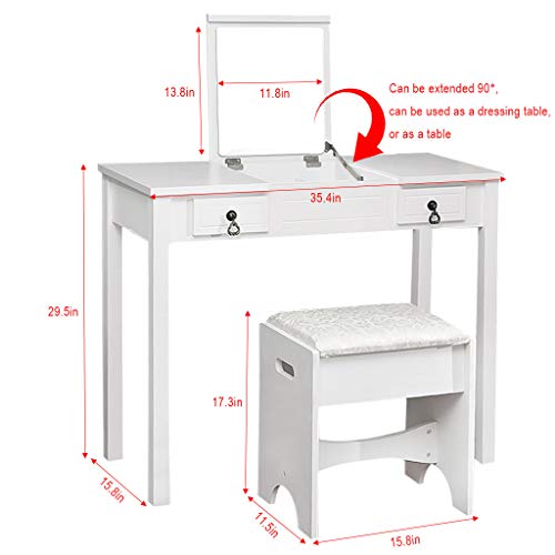Vanity Set with Flip Top Mirror & Cushioned Stool Dressing Table Vanity Makeup Table 6 Drawers 2 Dividers Movable Organizers - Easy Assembly 35.4''L x 15.8''W x 29.5''H - Thumbnail 4