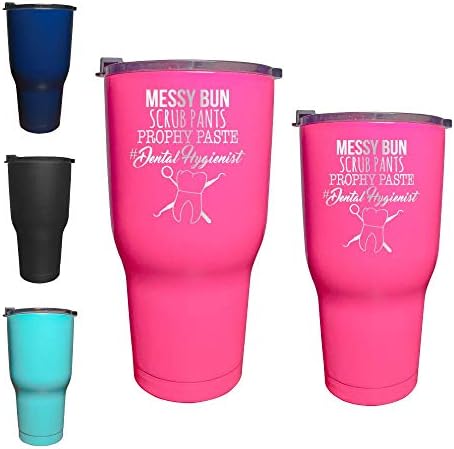Dental Hygienest Messy Bun Engraved Tumbler Wine Mug Cup Unique Gift for Dentist, Dental Hygienist - Birthday Graduation Gifts for Men or Women (20 oz, Pink