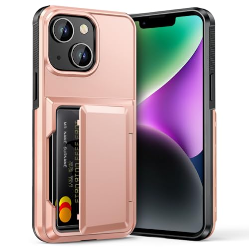 Vofolen for iPhone 14 Case Wallet with Card Holder [Max 5 Cards] Dual Layer Heavy Duty Shockproof Drop Protection Hidden Flip ID Slot Phone Cover for Men Women, 6.1 Inch Rose Gold