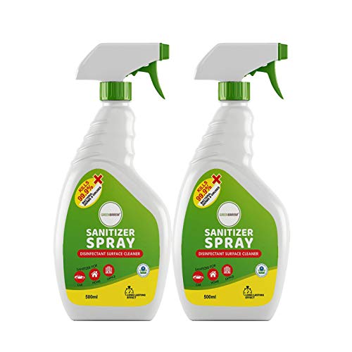 Greenbrrew Alcohol Based Disinfectant Sanitizer Spray, Ideal For All Surfaces Like Furniture, Home, Room, Office, Door Handle, Packages, Clothes, Shoes, Car & Bike, Mobile, Currency etc. (2 x 500ml)