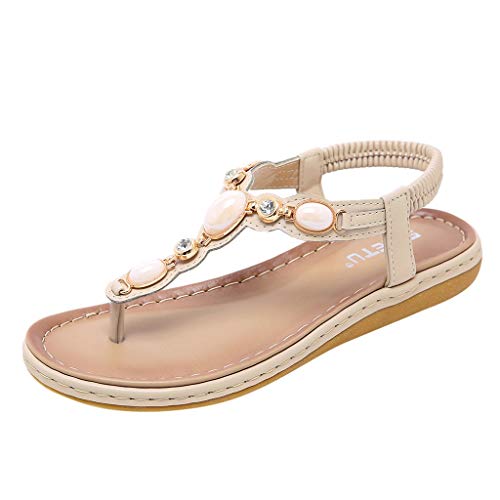Summer Shoes for Women, ❤️ FAPIZI Vintage Boho Flat Flips Flop Sandals Crystal Casual Roma Shoes T-Strap Sandals Khaki