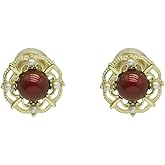 DIAMANTIO 18K Gold Plated Vintage Clip-On Earrings for Women – Red Stone Floral Studs with Faux Pearl Detailing, Non-Pierced Elegant Jewelry