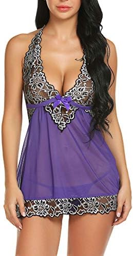 TLGAVQUEEN Women's V-Neck Lace Up Lingerie Babydoll Mesh Chemise Bodysuit Sleepwear