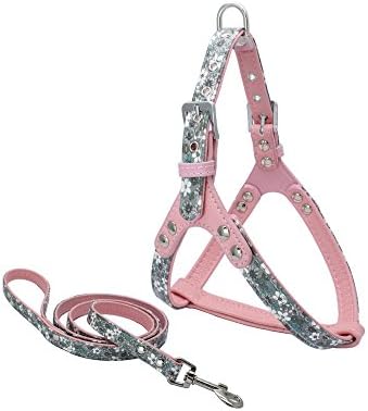 Miniwild Leather Pet Harness Leash Set for Small Dogs, Pink with Flower