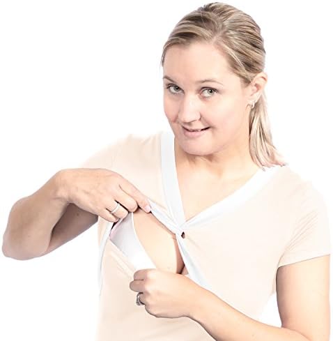 IBloom Maternity Nursing Nightgown for Breastfeeding &amp; Pregnancy with eBook Fashionable, Super Comfortable Dress for Home &amp; Hospital|Short-Sleeved Sleepwear Gowns for Mothers (Medium, Cream/White)