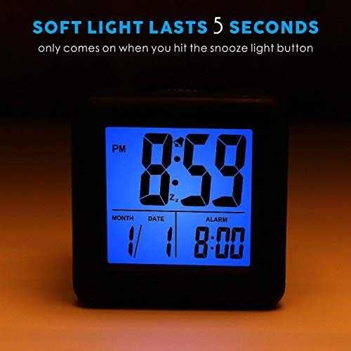 Plumeet Easy Setting Digital Travel Alarm Clocks with Snooze, Blue Nightlight, Large Display Time/Date/Alarm, Ascending Sound Alarm, Batteries Powered (Black)