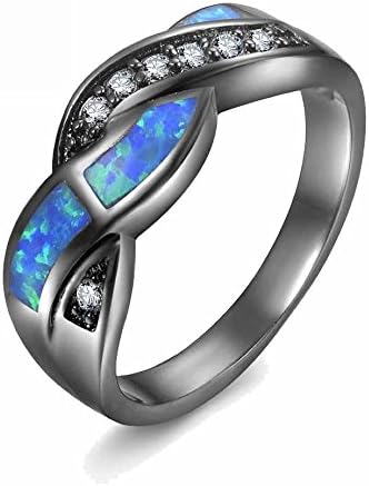 MGIE Blue Fire Opal Women Men Fashion Black Gold Plated Wedding Engagement Twisted Crisscross Rings for Couples Size 5-12