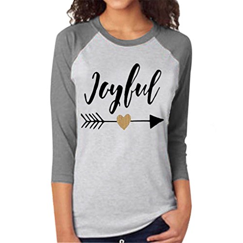 Women Blouse,Haoricu Fall New Women “Joyful” Letter Arrow Printed Three Quarter Sleeve T-Shirt Blouse Casual (M, Gray)
