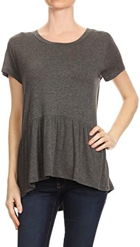 {1020SLT TRENDY ANGEL} WOMEN'S FASHIONABLE ROUND NECK SHORT SLEEVE BABY DOLL TUNIC TOP (MEDIUM, CHARCOAL)