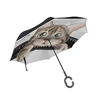 WIEDLKL Double Layer Inverted Reversible Umbrella Compact Cute Cat Zip Pocket Reversable Umbrella Windproof Fold in Umbrella Windproof Uv Protection for Rain with C-Shaped Handle