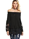 ROMWE Women's Off Shoulder Floral Lace Long Sleeve T-shirt Blouse Top