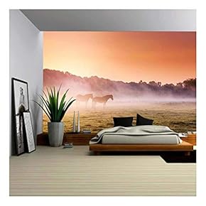 Arabian Horses Grazing on Pasture at Sundown in Orange Sunny Beams - Removable Wall Mural | Self-Adhesive Large Wallpaper - 66x96 inches