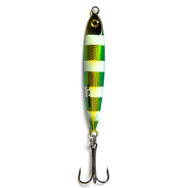 FLADEN Fishing - FAT SHINER PIRK 30g 40g 50g Range Multi Purpose Distance Casting Lure with Treble Hook (4 Colour Options) - Ideal for Mackerel Garfish Bass & Gurnards (Green Gold Stripe, 40g)