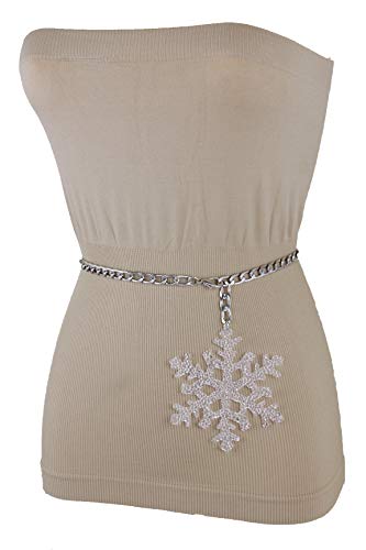 TFJ Women Holidays Fashion Belt Silver Metal Chain Snowflake Charm Buckle Hip Waist XS S M