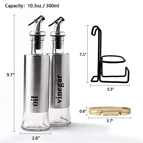Oil and Vinegar Dispenser Set, Glass Olive Oil Vinegar Bottle Set with Stainless Steel Shell, 2-Pack 10.3 Oz[300ml] Oil & Vinegar Cruets with Drip-Free Pourers and Funnel for Easy Pouring - Thumbnail 7