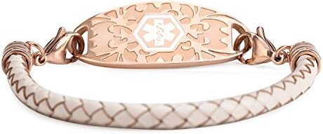 BAIYI Medical Alert ID Bracelets Rose Gold Tags with Bolo Leather Rope Emergency Bangle for Women 6-8inch Free Engraving