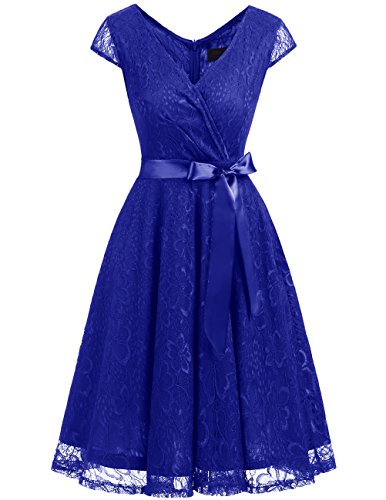 Dresstells Short V Neck Bridesmaid Ruched Dress Lace Cocktail Dresses With Belt Royal Blue 3XL