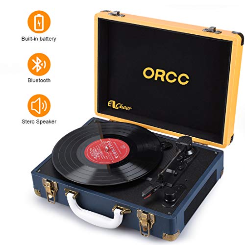 ORCC Portable Bluetooth Turntable/ Vintage 3-Speed LP Vinyl Suitcase Record Player/ Built in 2 Stereo Speakers/ Unique Design Portable Turntable Player