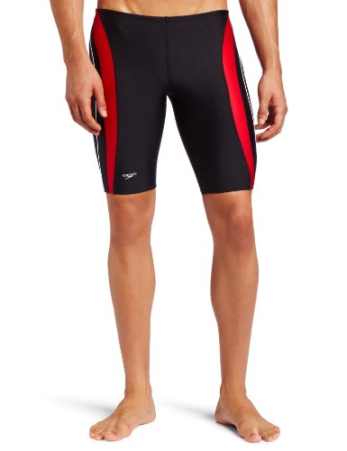 Speedo Men's Xtra Life Lycra Rapid Splice Jammer Swimsuit, Black/Red, 28