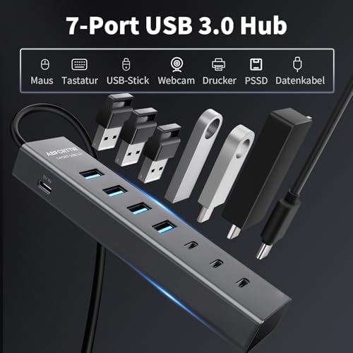 7-Port USB Hub 3.0 mit 120cm Kabel für Desktop, Aluminium USB Verteiler 5Gbps Multiport Adapter mit 4 USB-A & 3 USB-C Port, 5V 3A Type-C Port für PC, Laptop, MacBook, U-Disk, Maus