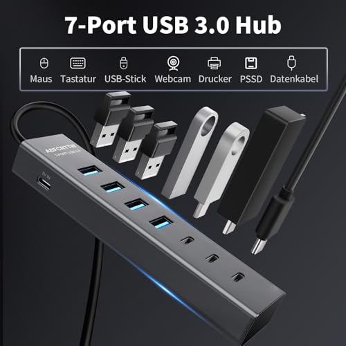 7-Port USB Hub 3.0 with 120 cm Cable for Desktop, Aluminium USB Splitter 5Gbps Multiport Adapter with 4 USB-A & 3 USB-C Port, 5V 3A Type-C Port for PC, Laptop, MacBook, U-Disk, Mouse