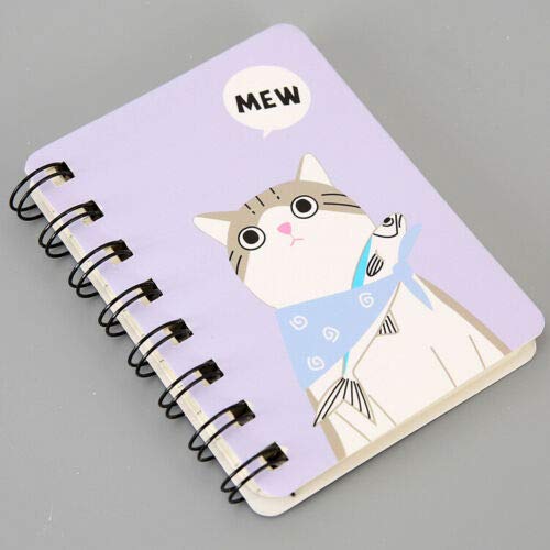 SUPERTOOL Mini Spiral Notebook Cartoon Diary Notepad Cute A7 Cat Purple 160 Pages(1Pcs)