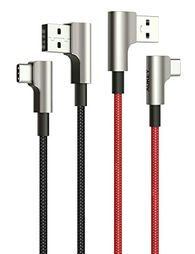 Right Angle USB C Cable AUKEY (2 Pack 3.3ft) 90 Degree USB C to A Fast Charging Cable Aramid Fiber Braided Nylon Type C Charger Cord for Samsung Galaxy Note 9 8 S10 S10+ S9 S8+, LG V30, Pixel 2 3 XL