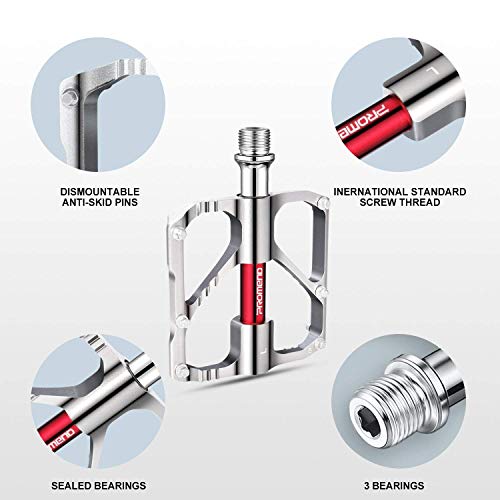 Beauty Star Bike Pedals, Bicycle Pedals 9/16 Inch Spindle Universal Cycling Pedals Aluminium Alloy Lightweight Mountain Bike Pedal for MTB, Road Bicycle, BMX (Silver,1 Pair)