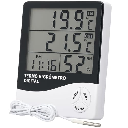 Termômetro Higrômetro Digital Alta Precisão, Medidor de Temperatura e Umidade do Ar Memória Máx/Mín Relógio Integrado Display LCD Fácil Leitura para Casa Freezer Aquário Chocadeira e Geladeira Premium