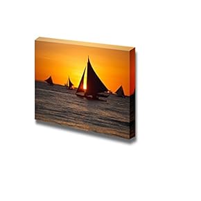Canvas Prints Wall Art - Sailboats Against Beautiful Sunset in Boracay Philippines | Modern Wall Decor/Home Decoration Stretched Gallery Canvas Wrap Giclee Print. Ready to Hang - 12" x 18"