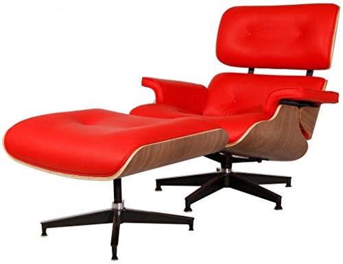 Eames Style Lounge Chair & Ottoman Reproduction Replica Premium Italian Leather Red/Walnut