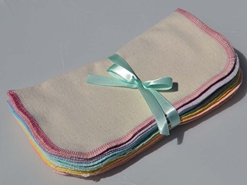 1 Ply Organic Flannel Washable Baby Wipes -10 Pack - Little Wipes (R) - GOTS Certified Flannel - Sewn with Assorted Pastels