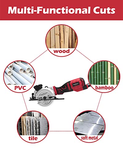 Minisierra circular PowerSmart, sierra circular compacta de 5,8 A y 4-1/2 pulgadas con guía láser, 6 hojas, 3500 RPM, profundidad máxima de corte 1-11/16(90°), 1-1/8(45°) , Ideal para Maderas, Azulejos, Cortes de Metal Blando Minisierra circular PowerSmart, sierra circular compacta de 5,8 A y 4-1/2 pulgadas con guía láser, 6 hojas, 3500 RPM, profundidad máxima de corte 1-11/16(90°), 1-1/8(45°) , Ideal para Maderas, Azulejos, Cortes de Metal Blando