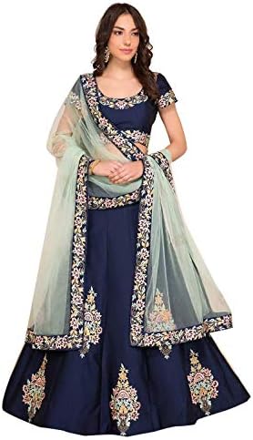 Suppar Sleave Women's Embroidered Taffeta Satin Lehenga Choli with Blouse Piece (Natash Blue,Free Size)