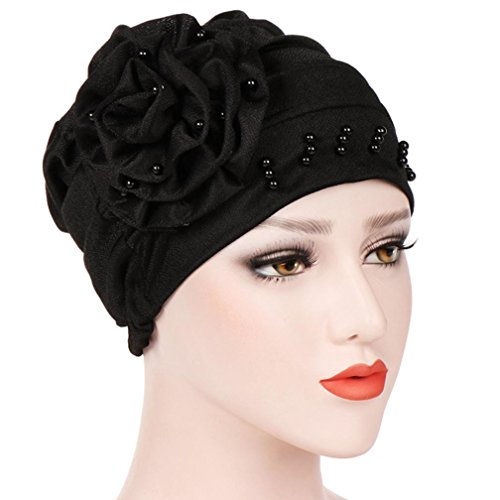 GBSELL Women's Daisy Pearls Ruffle Chemo Hat Turban Cancer Headwear (Black)