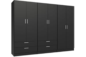 Madesa 6 Doors 4 Drawers Wardrobe Set Armoire Closet Bedroom Storage Cabinet with Shelves and Hanging Space 94" L Wooden Clothing Organizer Unit (Black)