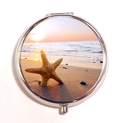 Sunset Scene View Sea Beach and Starfish Custom Unique Silver Round Pill Box Medicine Tablet Organizer or Coin Purse