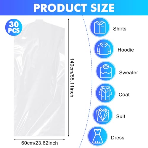 TranRantic Pack of 30 Plastic Clothes Covers, 60 x 140 cm Transparent Plastic Hanging Clothes Covers for Shirts, Jackets, Suits, Pullovers