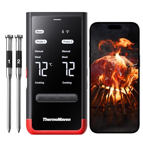 ThermoMaven P2 Fleischthermometer Kabellos – WiFi & Bluetooth 5.3, 2 Sonden 6 Sensoren, ±0,3°C Präzise, IPX8 Wasserdicht, App-Steuerung, NIST & NSF Ze