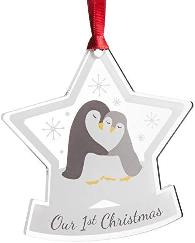 Alphabet barn Our first Christmas Couple Decoration | 1st Xmas Penguin Tree Ornament | Perspex Star Hanging Tree Bauble | With keepsake gift bag | 9cm