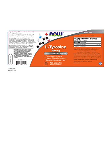 NOW Supplements L-Tyrosine 500 mg Supports Mental Alertness Neurotransmitter Support , 120 Capsules